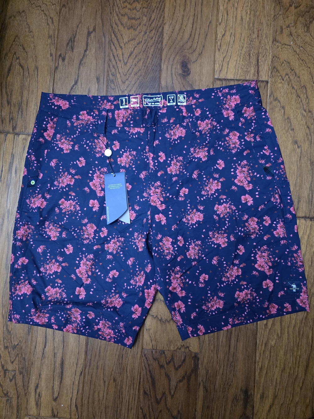 NWT William Murray Golf Navy Blue Shorts with Pink Floral Print